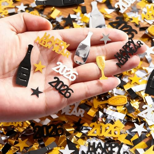 Tourima Silvester Deko 2026 Konfetti Schwarz Gold Silber, Happy New Year 2026 Streudeko Silvester Tischdeko Neujahr, Konfetti Silvester Deko Tisch Frohes Neues Jahr Party Deko für New Year Celebration