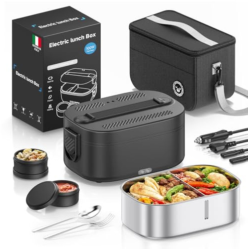 Fiambrera Electrica, 100W Taper Electrico para Comida Portatil 1,5L, 3 en 1 Electrica Trabajo 12V/24V/220V, Comida Térmico con Bolsa y Acero Inoxidable Tenedor Cuchara para Coche Camión Trabajo