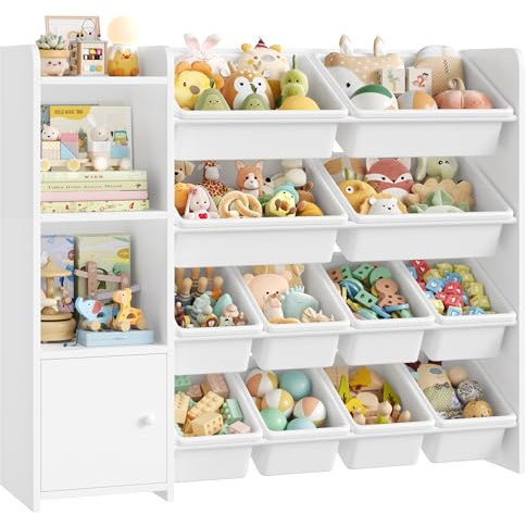 FOREHILL Mueble Almacenaje Juguetes Librería Infantil Montessori Estantería Infantil para Jugetes Organizador Juguetes Niños, Blanco, 12 Cajas Extraíbles para Dormitorios Guardería 112.5x30x100cm