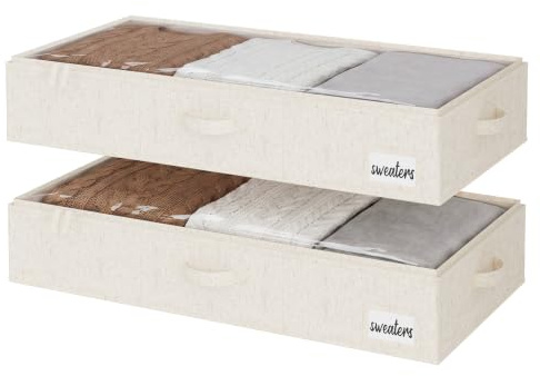 StorageWorks Under-sängsförvaringslådor med lock, 84 x 43 x 15 cm undersängsförvaringslådor för sovrumsorganisering, tjocka och stabila förvaringslådor under sängen, beige (bomull-linne), 2-pack