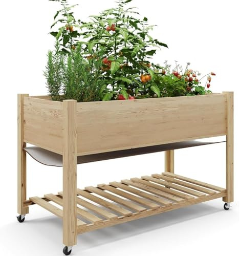 AffinityFurn Jardinera Exterior de Madera Elevada con Ruedas, Cama de Jardín sobre Patas con Almacenamiento y Estanterías para Balcón, Terraza y Jardín, 122x60.5x75 cm