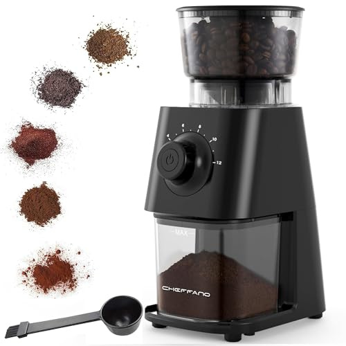 CHEFFANO Elektrische Kaffeemühle mit Kegelmahlwerk, 150W Kaffeebohnenmühle mit 30 Mahlgraden, Kaffeemühle elektrisch für 2-12 Tassen, Einstellbare Kaffeemenge & Abnehmbarer Bohnenbehälter