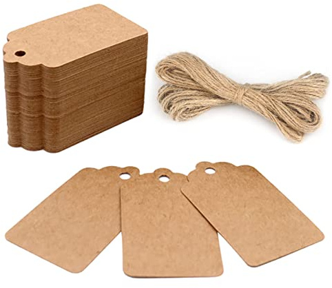 G2PLUS 100PCS Kraft Paper Gift Tags with String, 2.8×1.6 in Blank Gift Tags, Marking Price Tag, Writable Hanging Label Present Name Tag for Gift Wrapping, Gift Bags, Holiday Arts & Crafts