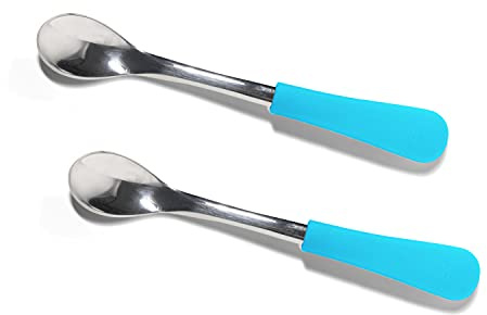 Avanchy Infant Baby Spoons Stainless Steel and Silicone Set, Self Feeding Food Utensils, 4 Months Baby Led Weaning, 2 Pack, Blue