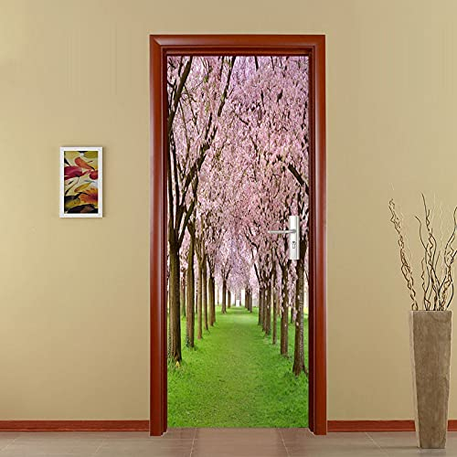 A.Monamour Türtapete Selbstklebend Türfolie Türposter 3D Reihen Von Blühenden Kirschbäumen Auf Grünem Rasen Vinyl Folie Türdeko Tapete Wandbild Türaufkleber Türtattoo 77 x 200 cm