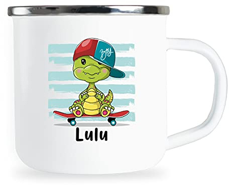 Lulu Personalisierte Kindertasse mit Name und lustigem Dinosaurier Motiv Emaille Tasse individuelle Geschenke Kind Geburtstag Junge Mädchen Metallbecher Emailletasse Geschenkidee