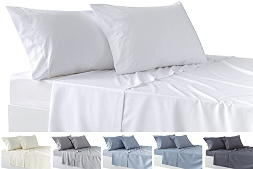 Todocama – Juego de Sábanas de 4 Piezas – Sábana Bajera Ajustable – Encimera - Dos Fundas de Almohada de 50x80cm. (Cama 150-150x190/200 cm, Blanco)