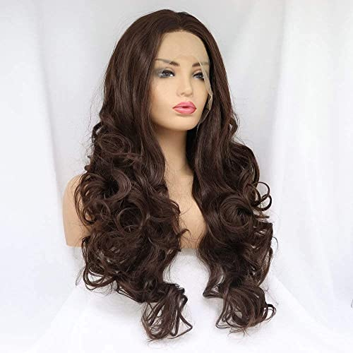 RainaHair Lace Front Perücken Braun Langes Körpergewelltes Haar Synthetisch Realistisch Weiches Haar Hitzebeständig Tägliches Tragen Ersatzhaar 180 Dichte 26 Zoll (Naturbraun/Spitze FontoWig）