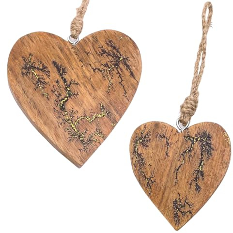 Marzoon 2er Set Holz Herz Anhänger 15 cm & 10 cm - mit Blitz Laserbranding und Gold Glitzer - Massive Holzherzen zum Hängen