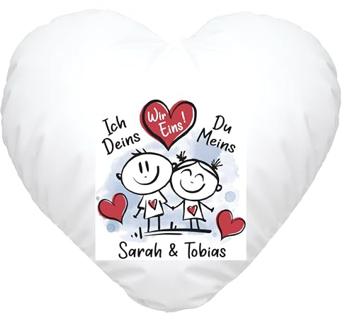 SpecialMe® Herzkissen personalisiert verliebte Strichmännchem Spruch Ich Deins Du Meins Wunschnamen Geschenk Liebe inkl. Füllung Weiss Herz-Kissen