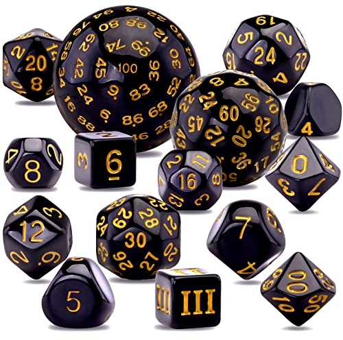 AUSTOR 15 Pieces Complete Polyhedral Dice Set D3-D100 Game Dice Set with a Leather Drawstring Storage Bag for Role Playing Table Games(Black & Yellow)
