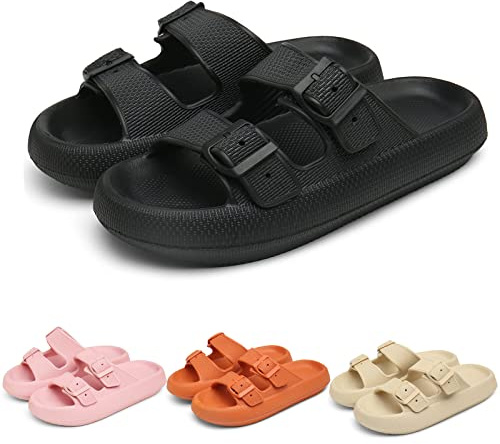 Chagoo Cloud Sliders for Women and Men Non-Slip Quick Dry Shower Pillow Slippers Super Soft Massage House Slides for Indoor & Outdoor (Buckleskq Style Black, numeric_5_point_5)