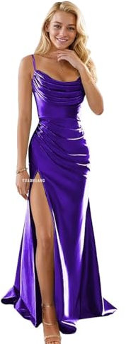 Robe de demoiselle d'honneur sirène à bretelles spaghetti pour femme, longue robe de soirée formelle à col bénitier en satin fendue, violet, 54 plus