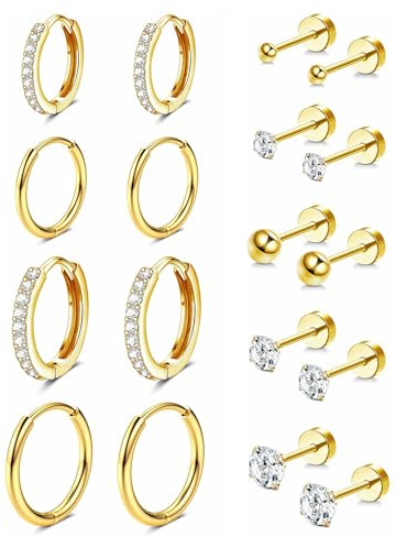 Jstyle 14K Gold Earrings for Women Hypoallergenic Small Huggie Hoop Earrings for Multiple Piercing Flat Back Stud Earrings Lobe Helix Cartilage Earring Sets Tiny Ball CZ Gold/Silver