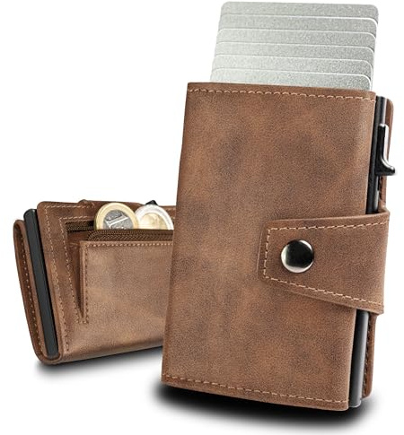 slimfin® Slim Wallet Maxi mit Münzfach - Kartenetui - Geldbeutel Herren - Geldbörse - Portemonnaie - Portmonee - Card Holder klein/Mini mit RFID Schutz - Braun