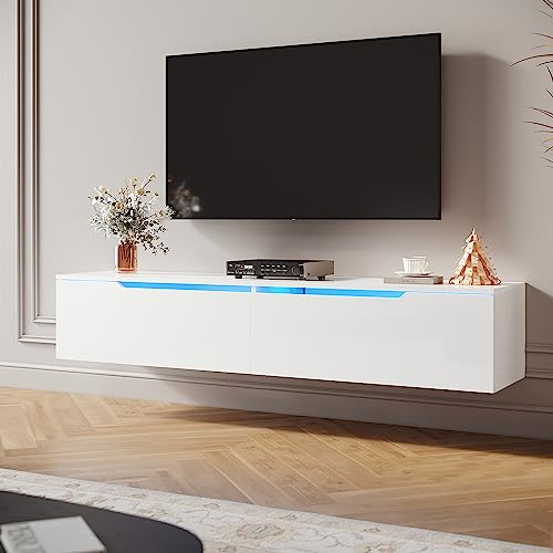 SIRHONA Meuble TV LED, Meuble TV Blanc Laqué éclairage LED avec 16 Couleurs Ajustables, Plateau TV Haute Brillance, Design sans Poignée, pour Le Salon ou La Chambre à Coucher