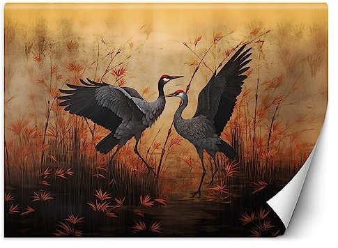Feeby Fototapete Pflanzen Blumen Kranich 300x210 cm Orange XXL Vlies Wandtapete Tapeten Wohnzimmer Schlafzimmer Jugendzimmer Moderne Design Wandbild Wand Dekoration AI Zweige Natur