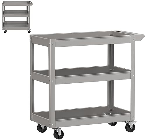 GiantexUK 2/3-Tier Tool Trolley, Metal Frame Utility Service Cart with 4 Wheels and Handle, Heavy Duty Rolling Storage Trolley for Office, Garage, Warehouse and Workshop (3-Tier, Flat Handle, Grey)