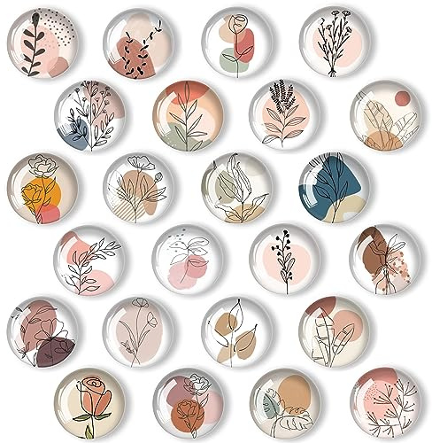 YayaCat 24 Pcs 1.2 in Round Glass Boho Refrigerator Magnets - Strong & Non Scratch for Fridge,Locker,Office & Kitchen Decor.Aesthetic Flower Plant Line Drawing Design,Irresistibly Cute