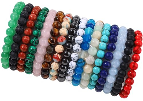 FIRAZIO 16PCS Semi-Precious Gemstone Bracelet - Crystal Stone Beaded Bracelets for Women Men 8mm Round Beaded Stretch Bracelets Unisex Yoga Bracelets Gifts (16Pcs)