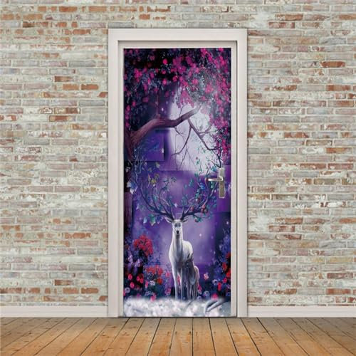 stickers paroi de douche 85x215cm(33.46 inches * 84.64 inches)Wapiti grand arbre 3D Stickers Porte Interieure Trompe l'oeil Poster Mural Effet Décoration Salon Cuisine Chambre Salle De Bain Papier Pei