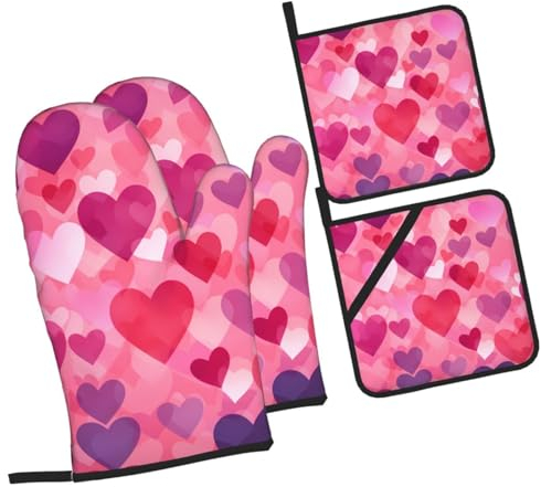 Ofenhandschuhe und Topflappen in Liebesform, hitzebeständig, Ofenhandschuhe und Topflappen, Grillhandschuhe, Hot Pads, Kochhandschuhe für Küche, Backen, Grillen, 4-teiliges Set