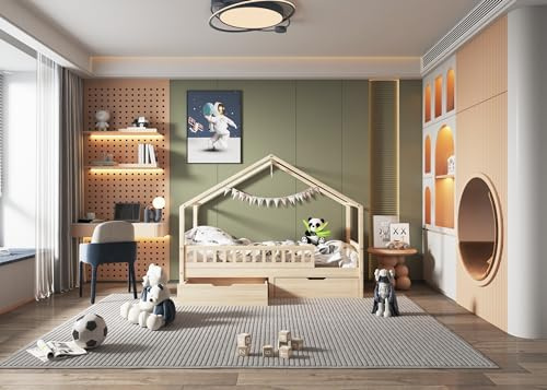 DONEWELL Kids Single Bed Frame - Natural House-Shaped Bed with Underbed Storage Drawers Mattress Size:90x190cm(Mattress Not Included)