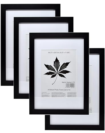 Black A4 Frame Set of 4 (21x29.7cm) with Mount for 19x14cm | Poster & Certificate Frame | Wall Mount or Table Top Display | Classic Style
