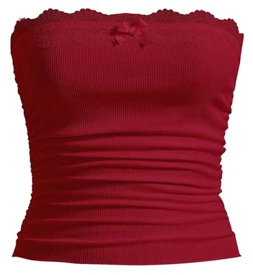 SANSIWU Women Lace Trim Tube Top Y2k Strapless Backless Bandeau Cami Tops Fairy Grunge Aesthetic Vest Streetwear (Red, M)