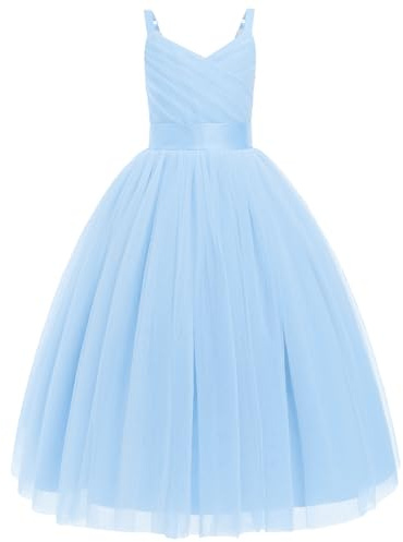 Odizli Robe de Princesse en Tulle pour Fille - Sans Manches, Bretelles Spaghetti, Col en V - Festive de Mariage, Bleu Clair, 14 Ans