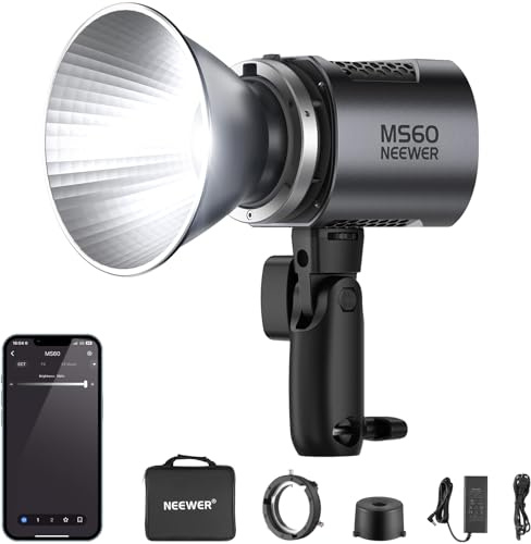 NEEWER MS60 LED Video Light with 2.4G/APP Control, 65W 5600K Daylight Mini COB Continuous Output Lighting, 40000lux/1m, CRI 97+/TLCI 98+, 9 Scenes, 0-100% PWM Dimming, Bowens Mount Adapter