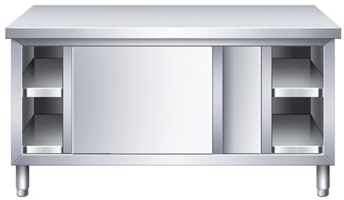 ASerZenith Gewerblicher Edelstahl-Arbeitstisch mit Schiebetüren, gewerblicher Küchenvorbereitungstisch, robuste Werkbank mit Schrank für Garage, Haus, Lager und Küche in Silber