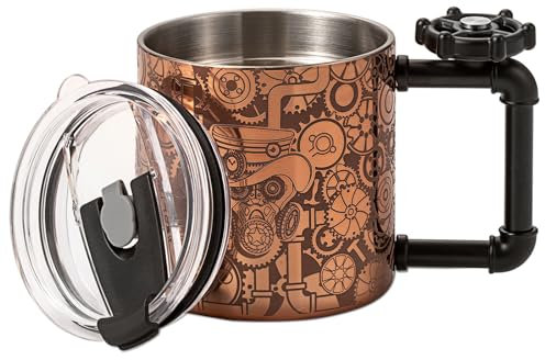 SKY FISH Lustige Kaffeebecher, Edelstahl-Eis Kaffeetassen, Doppelwandige Büro Geschenk Coffee Mug, Neuartige Trinkbecher mit Drehbarem Kreisel Griff, Inklusive Deckel und Strohhalm, (Roségold, 600ml)