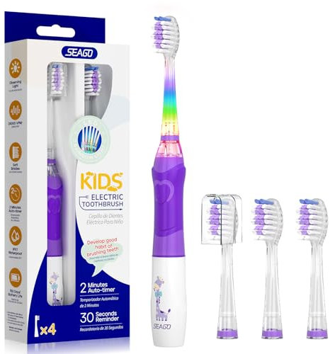 Seago Kids Electric Toothbrush, Battery Powered Toothbrushes for Childrens with Timer, Rainbow LED Light, 4 Brush Heads, Soft Bristles, Fun for Boys and Girls Aged 3 Years and Up, SG977(Purple)