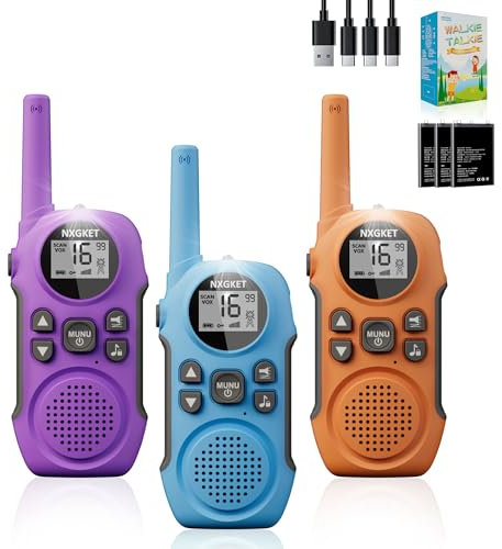 NXGKET Walkie Talkie 3er Set,Walki Talki Kinder Erwachsene Aufladbar mit Li-Ion Akku,Funkgerät Geschenk Mädchen Jungen 4 Jahre,3km Reichweite Spielzeug Walky Talky mit Vox für Freien, Camping, Wandern