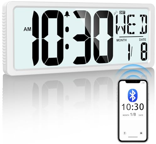 Xflyee Bluetooth Time Sync Digital Wall Clock Battery Operated with Backlight, Auto DST Large Digital Wall Clock with Day, Date & Temperature, 15'' Large Digital Clock for Home, Bedroom, Office