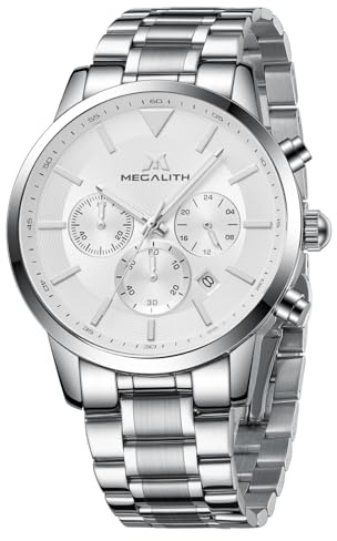 MEGALITH Stål klocka män analog klocka herr klänning elegant herrklocka armband stor urtavla kronograf kalender kvarts klocka mode klassisk ledig present, Silver, Standard, armband