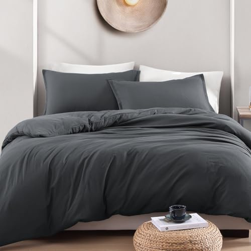 King Size Duvet Cover Sets, 3 Piece, Pre-Washed Microfibre - Charcoal | Bedding Quilt Cover Set with Pillowcases, Button Closure, OEKO-TEX Certified, Soft Breathable Comfort for Home and Hotels
