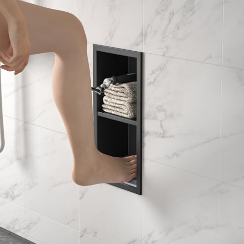Bernkot Ducha nicho de pared de acero inoxidable 304 con estante, color negro mate, 31 cm x 12 cm, para baño, reposapiés con instalación sobre montaje, no requiere azulejos
