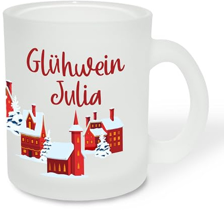 True Statements Geschenk für Glühwein-Fans: Glastasse „Rote Stadt“ mit Namen personalisiert - Geschenkidee Weihnachten zur Adventszeit & Weihnachtszeit - Glastasse satiniert, ca. 300ml