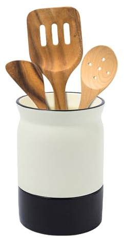 Aifong Küchenutensilienhalter, Bauernhaus-Utensilienhalter für Arbeitsplatte, Keramik-Utensilientopf mit Abtropffläche, Küchendekoration und Einweihungsgeschenk (weiß und schwarz), 15 cm