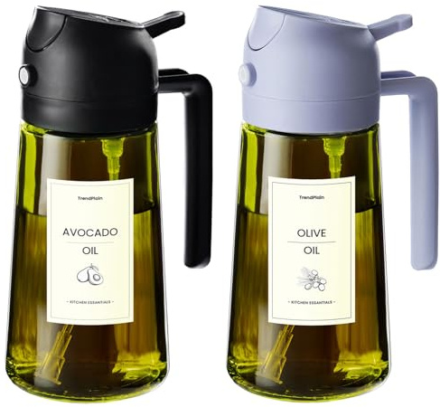 TrendPlain Oljesprayflaska för Airfryer 470ml, 2-i-1 Oliedispenser, Oljespray för Kök, Sallad och Vinäger, BPA-fri Kökstillbehör (Två stycken, Svart & Lila - 1)