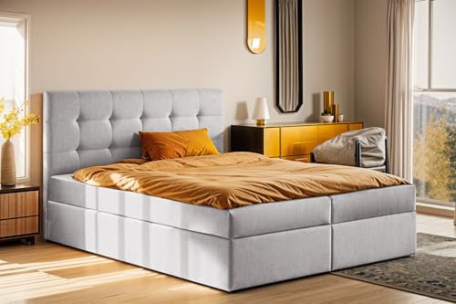 Kaiser Möbel - Bett 140x200 cm, Boxspringbett mit Matratze und Bettkasten, Polsterbett für Schlafzimmer, Jugendzimmer, Doppelbett mit Stauraum und hohem Kopfteil, Bonellmatratze - LUDANO - Hellgrau