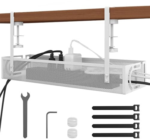 Rppiup Under Desk Cable Management Tray, No Drill Steel Cable Management Under Desk tray, Hollow Sturdy Metal Mesh Table Wire Organiser No Damage to Table, for Office Home Kitchens