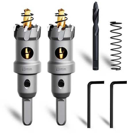 METOTY Lot de 2 scies cloches en métal, 23 mm, en carbure de tungstène, avec un foret de guidage nitré supplémentaire gratuit et une clé en L, pour acier, fer, aluminium, métal