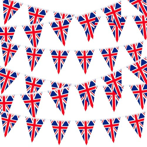 Bandierine triangolari con bandiera del Regno Unito, 10 m, con 30 bandiere, 14 x 21 cm, per festa nazionale britannica, incoronazione del re, feste di strada, eventi sportivi, decorazioni da parete e