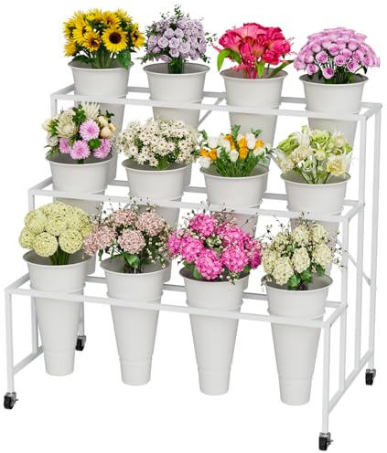 NEYCIL Flower Stand, 3-Tier Flower Display Stand with Buckets for Indoor Outdoor, Flower Cart Display Stand with Wheels for Courtyard, Balcony, Flower Shop, Wedding, Party, Exhibition