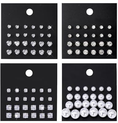 KISS WIFE Silver Stud Earrings Set for Women, Round Square Triangle Teardrop Shapes Pearl Clear Cubic Zirconia Stones Earring Packs Fashion Jewelry for Daily Wear Party Gift (Heart+Round+Square+Pearl)