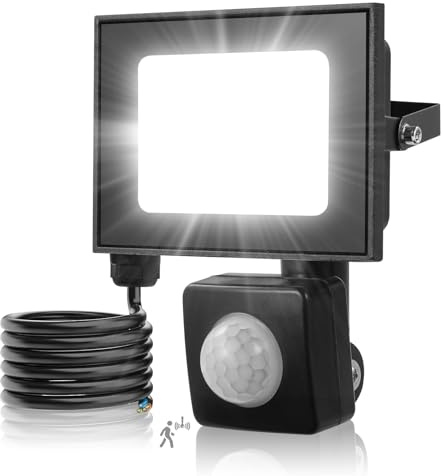 Viugreum Security Light Outdoor, 10W 1000LM Motion Sensor Floodlight, 6500K PIR Sensor Flood Lights IP66 Waterproof, Outdoor Wall Light Flood Lamp for Garden, Backyard, Garages(50cm Cord)