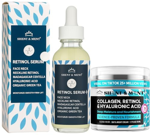 SHENT & MENT Kit Crema Viso Retinolo 3% 50ml + Siero Retinolo 0,6% 60ml Antietà Antirughe Antimacchie Antiacne Idratante Effetto Lifting Glow Collagene Acido Ialuronico Niacinamide Pelle Matura